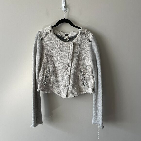 We The Free Tattered Tweed Button Front Cropped Raw Hem Moto Jacket Gray Cream 8 - Picture 3 of 8
